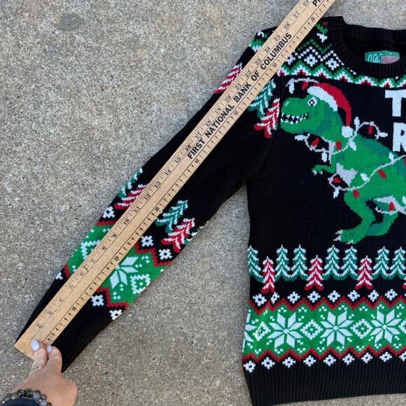 Ugly Christmas Sweater Tree Rex Dinosaur Fair Isle Black Green MEDIUM - Picture 8 of 8